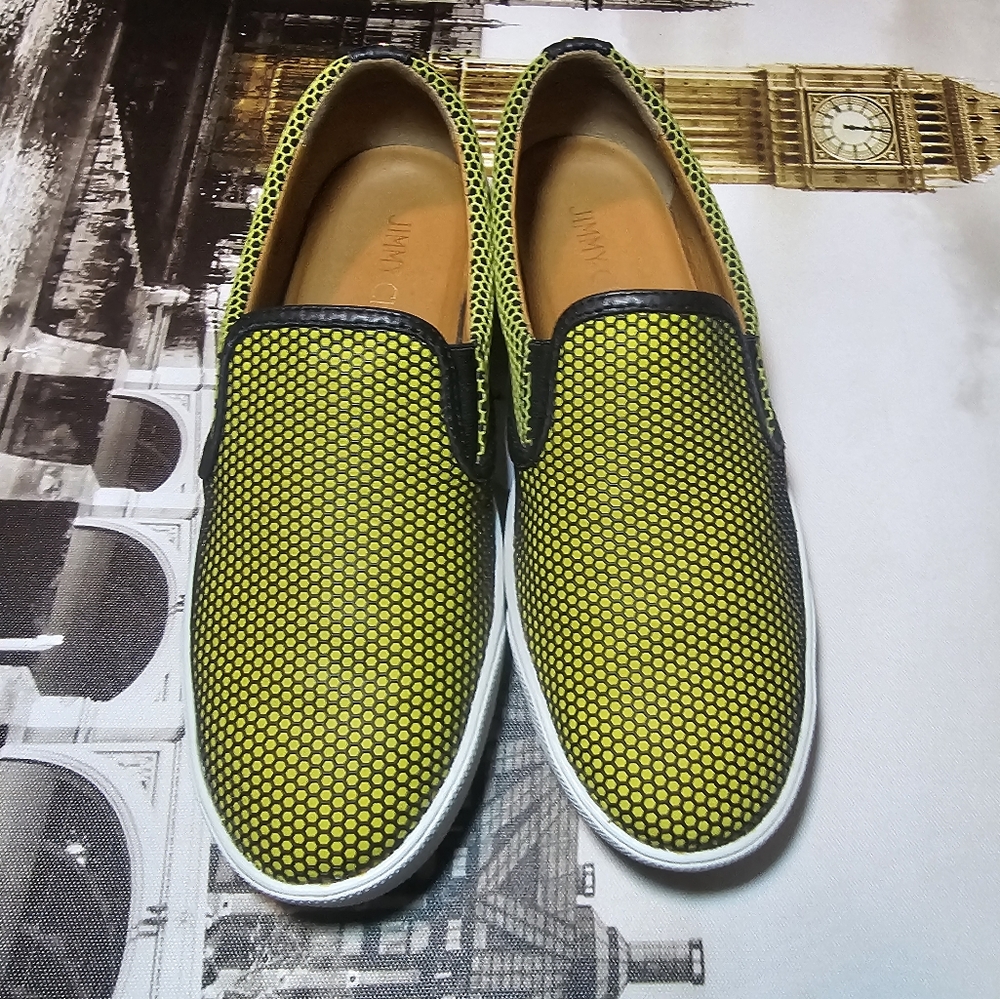 JIMMY CHOO green black flats Demi acid honeycomb slip -on women's size 8 no box
